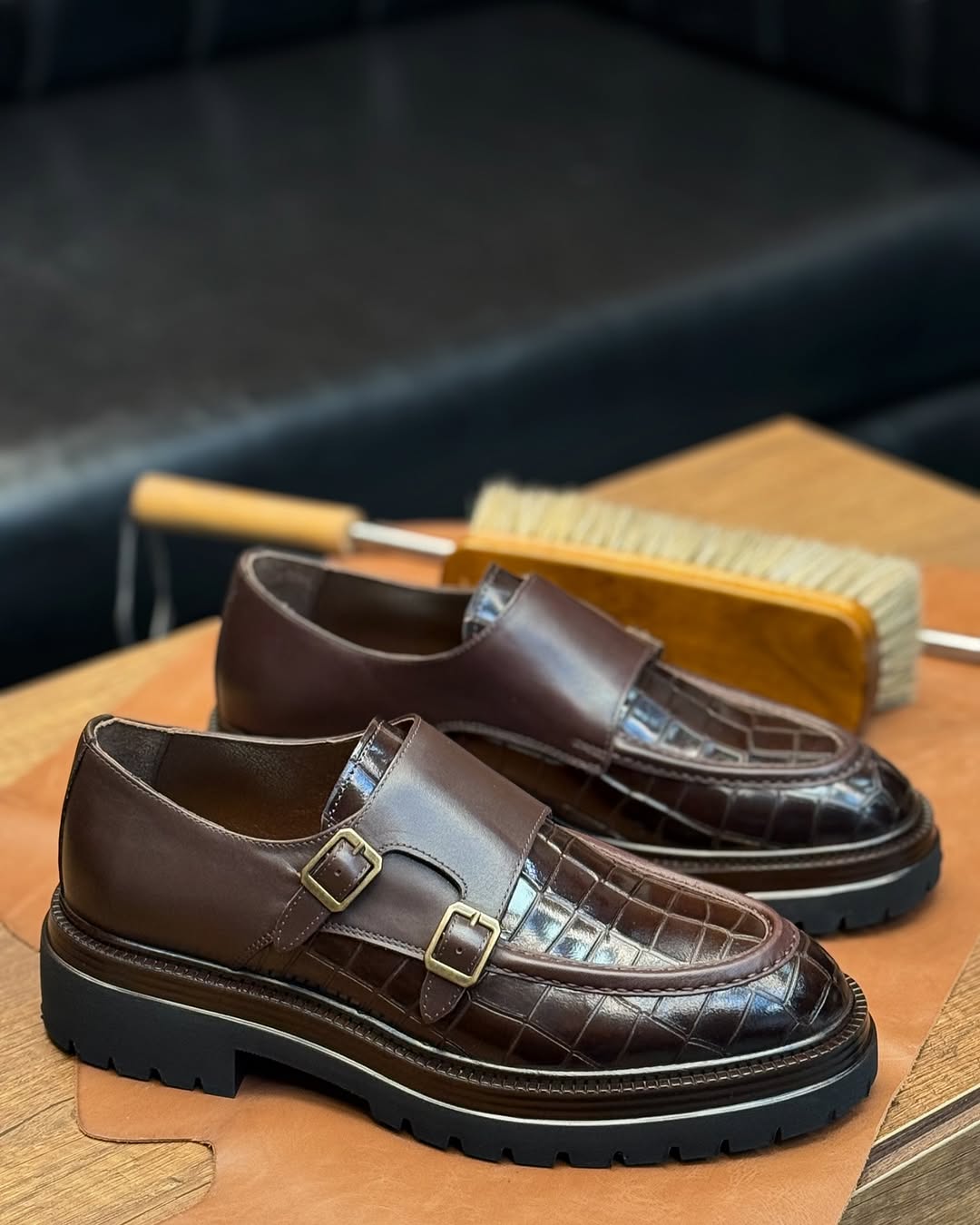 Crocodile Leather Double Monk Strap Shoes