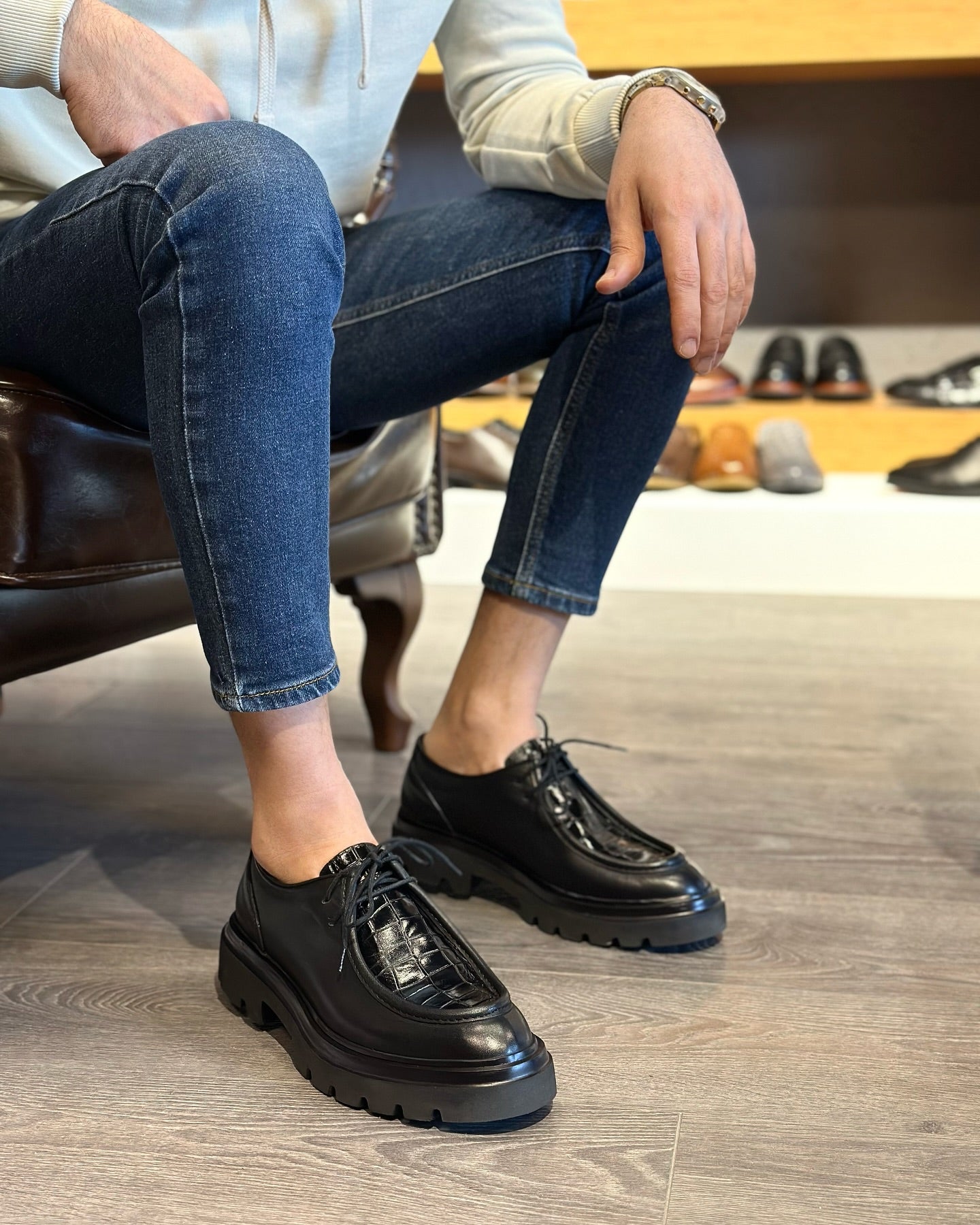 Crocodile Leather Chunky Sole Oxfords