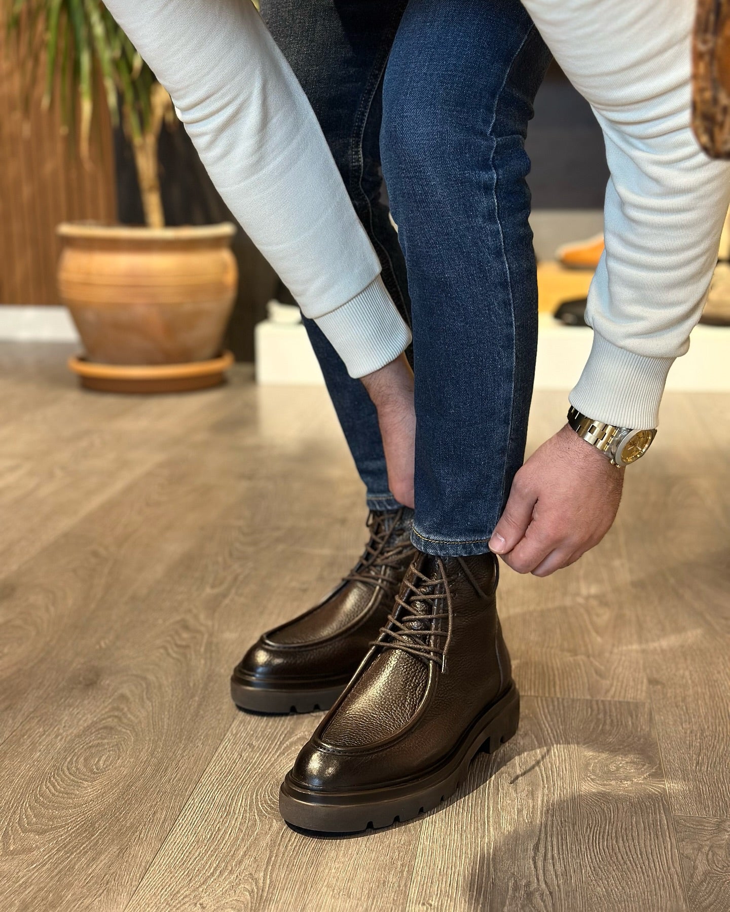 Men's Lace-up Leather Boots With Zipper