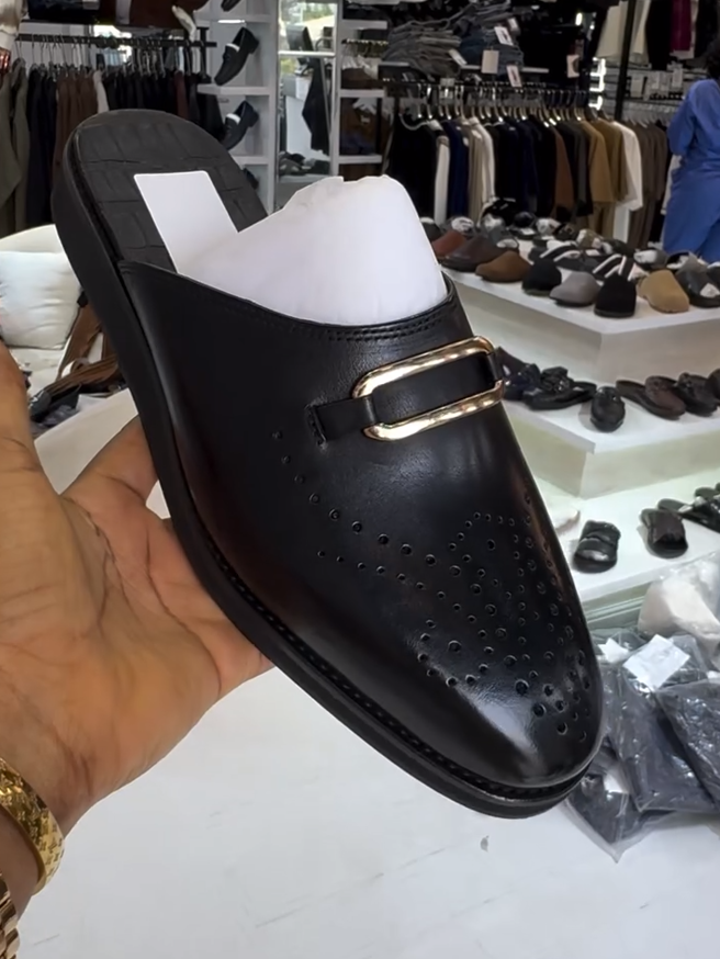 Men's Black Calfskin Perforated Slippers