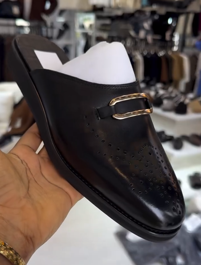 Men's Black Calfskin Perforated Slippers