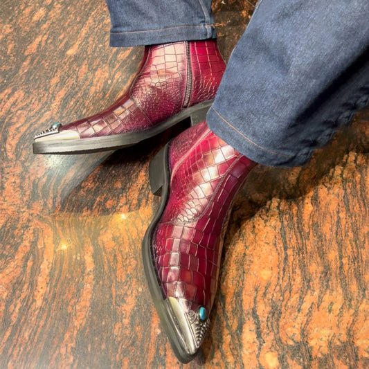 Men's Crocodile Leather Pointed Toe Ankle Boots