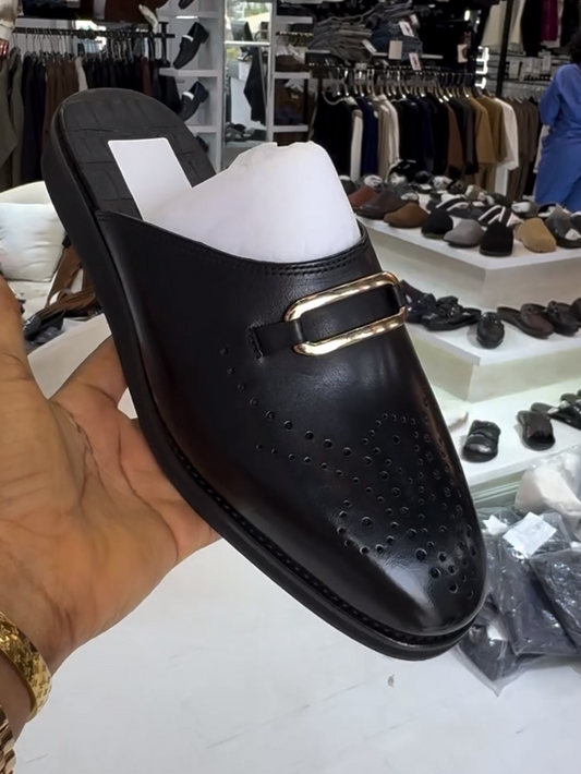 Men's Black Calfskin Perforated Slippers