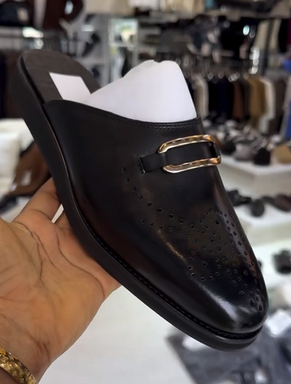Men's Black Calfskin Perforated Slippers