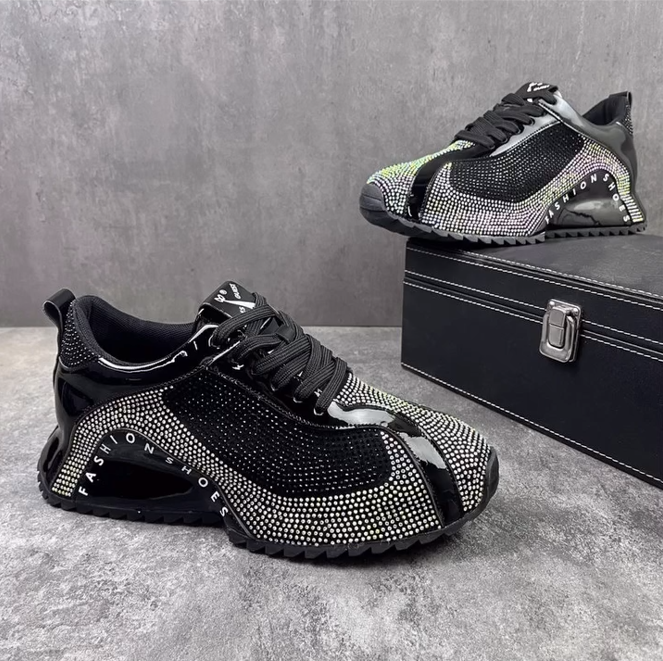Rhinestone Splicing Shiny Lace-up Casual Shoes