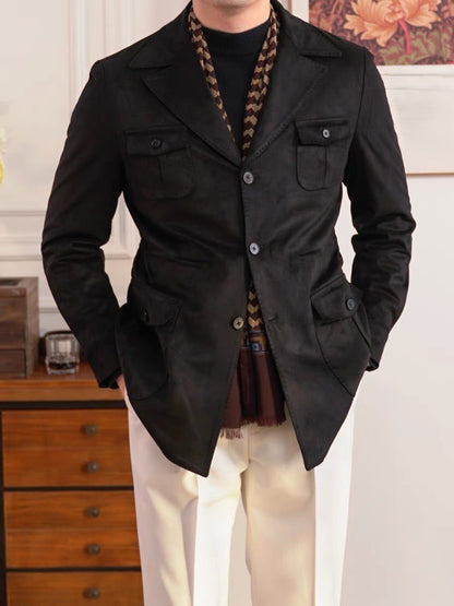 Men's Faux Leather Blazer Jacket with Pockets