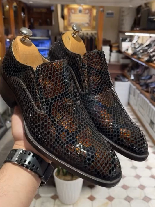 Laceless Leather Craft Anti-wrinkle Snakeskin Shoes