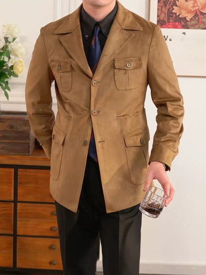 Men's Faux Leather Blazer Jacket with Pockets